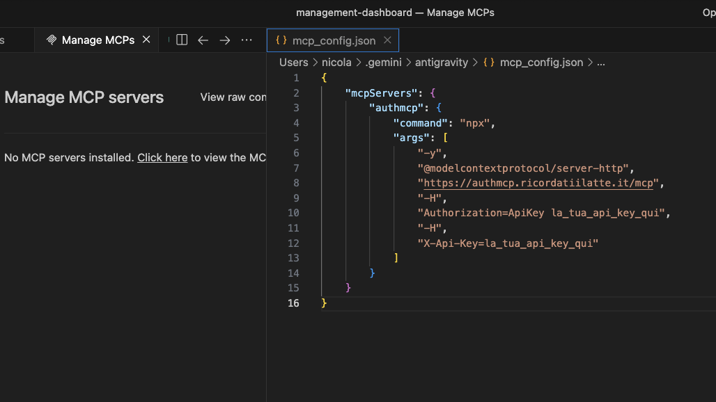 Antigravity with the awesome-node-auth MCP server configured
