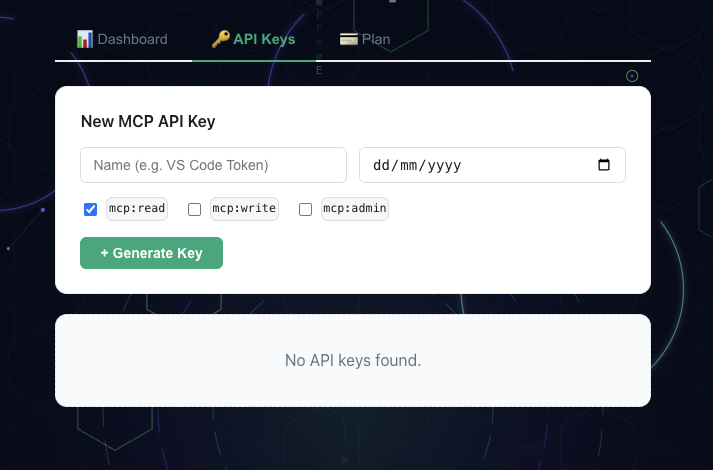 Account page API Keys tab β generating a new MCP key